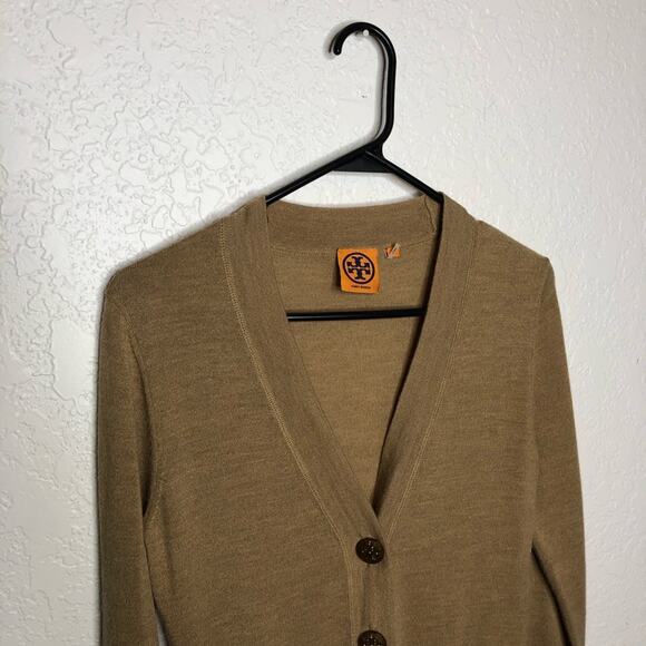 Tory Burch tan v neck button merino wool cardigan size Extra Small XS - flawed - Picture 2 of 13
